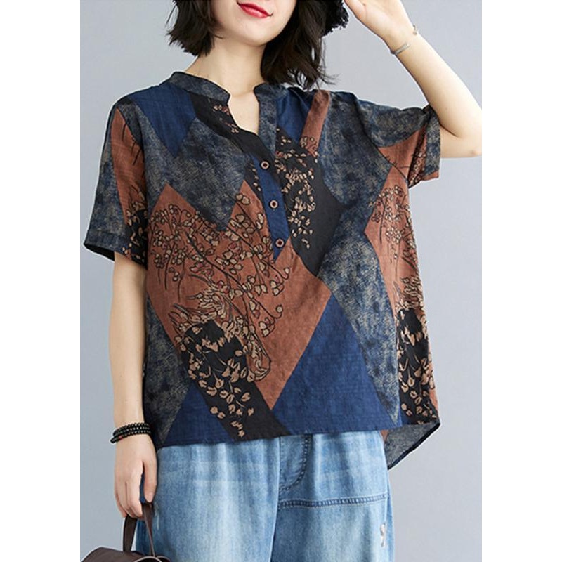 French Blue Chocolate Button Cotton Linen Blouses Summer