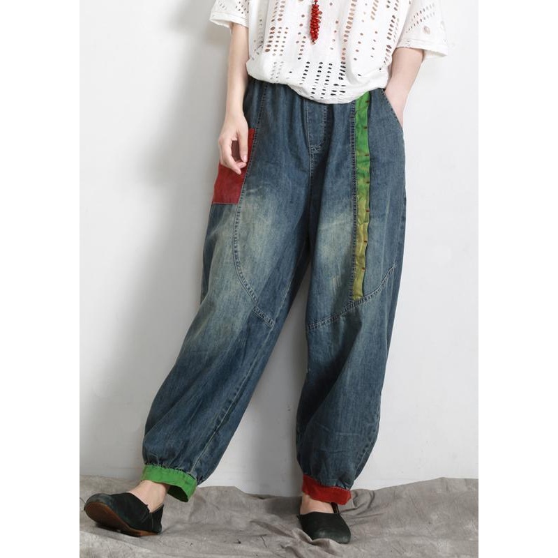 Handmade Blue Elastic Waist Patchwork Summer Pants