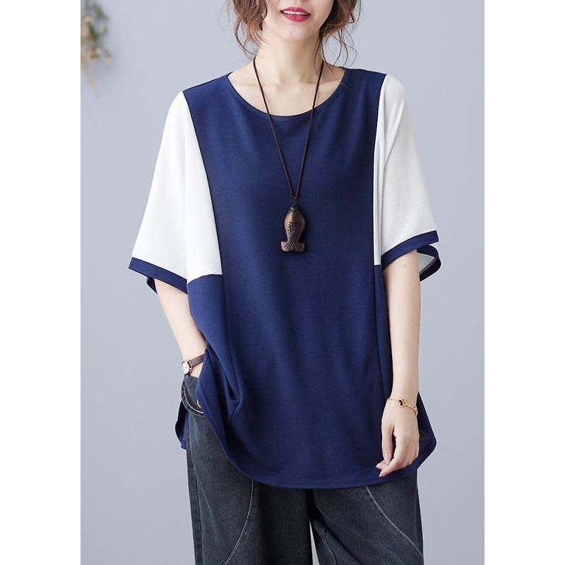 Handmade Blue Patchwork Batwing Sleeve Shirt Top Summer