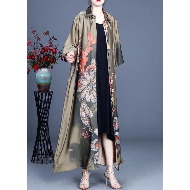 Loose Green Print Spring Long sleeve Long Loose Coat