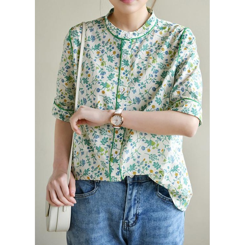 Plus Size Short Sleeve Green Print Cotton Blouses