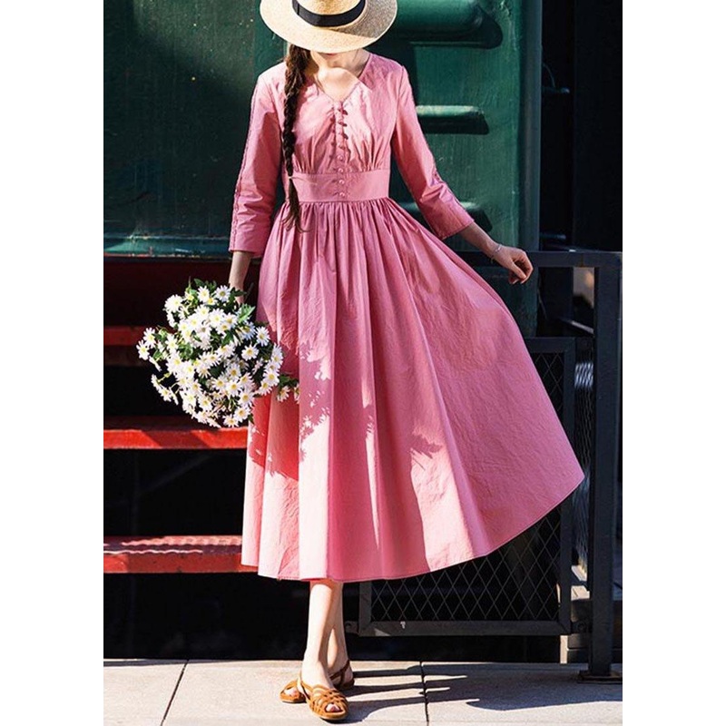 Stylish Pink Button V Neck Mid Summer Cotton Dress