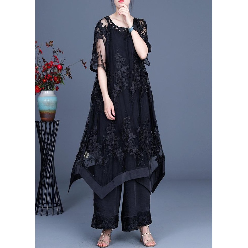 Summer Black Dress Wide Leg Pants Suspender Skirt Three Piece Set