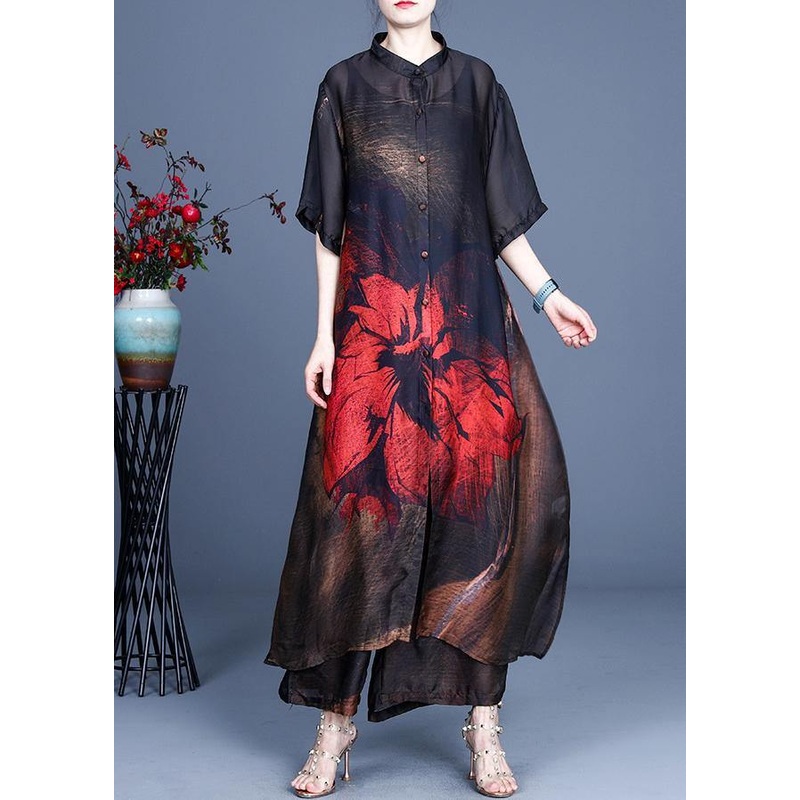 Summer Large Red Print Vintage Coat + Wide Leg Pants Two Piece Set
