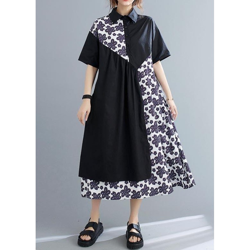 Unique Black Patchwork Print Peter Pan Collar Summer Chiffon Dress