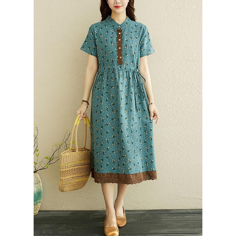 Unique Blue Print tie waist Long Summer Cotton Dress