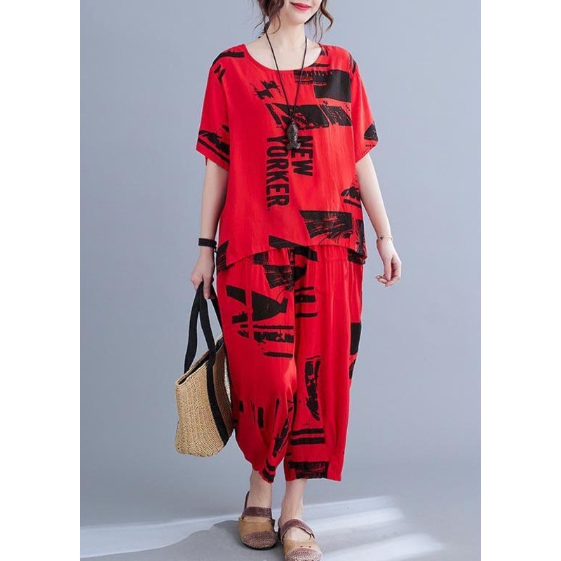 Unique Red Print O-Neck Two Pieces Set Summer