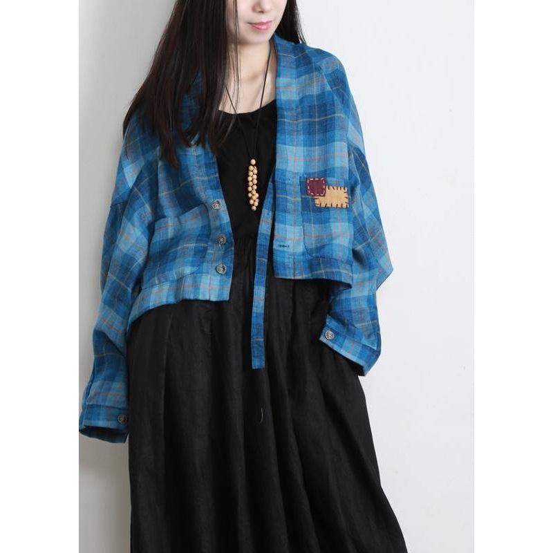 Vintage Blue Plaid Batwing Sleeve Linen Summer Shirt Tops