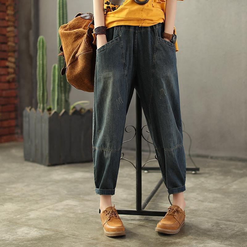 Vintage Loose Elastic Waist Spliced Distressed Jeans