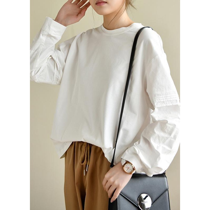 Vintage PatchworkWhite Long Sleeve Tops Cotton