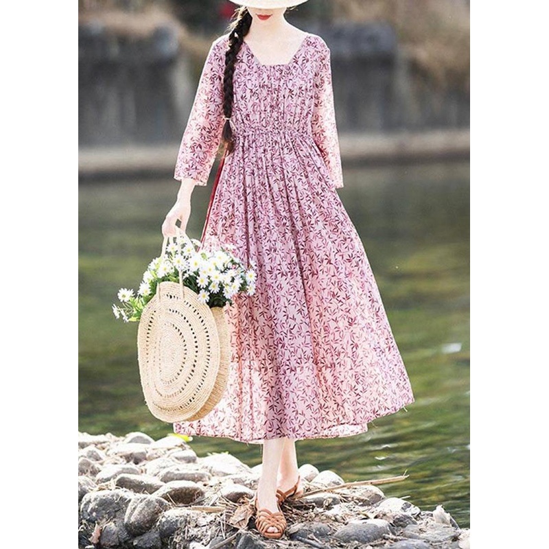 Vintage Pink Purple Print Cinched Cotton Pockets Summer Long Dresses