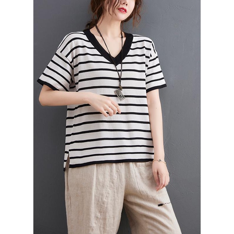 Vintage White Striped Cotton Linen Tops Summer