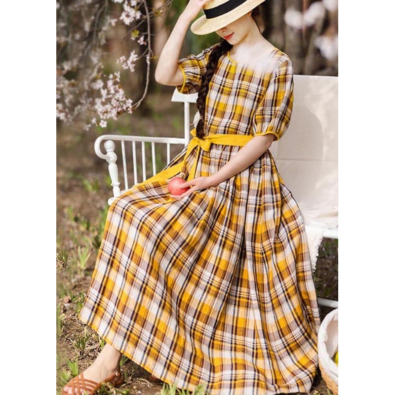 Vintage Yellow Plaid tie waist Mid Summer Linen Dress