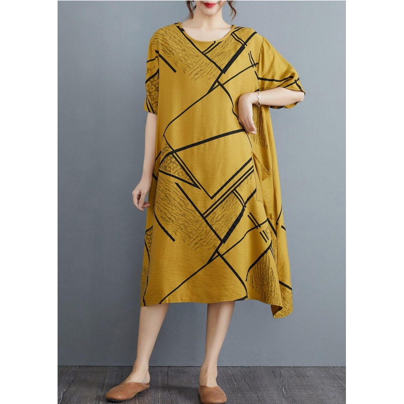 Vintage Yellow Print Pockets Cotton Linen Long Summer Dress