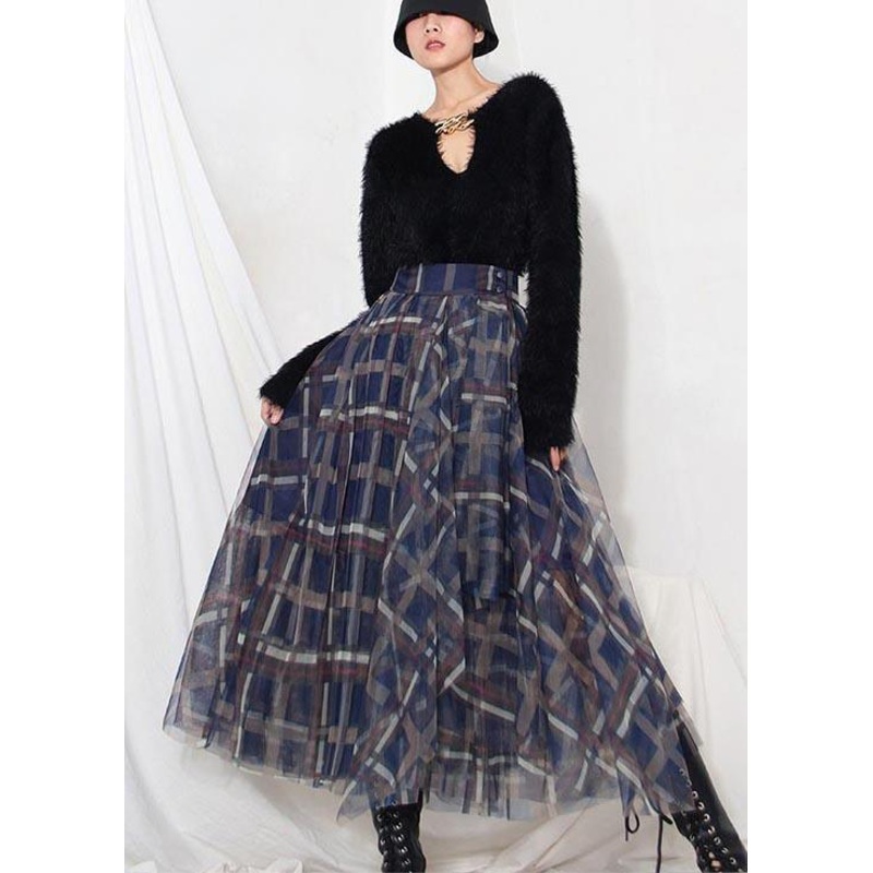 Women Blue Plaid zippered A Line Skirt Summer