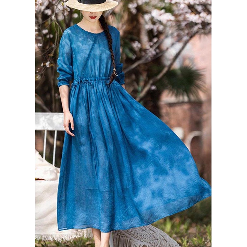 Women Blue Ruffled Pockets Party Summer Linen Dress