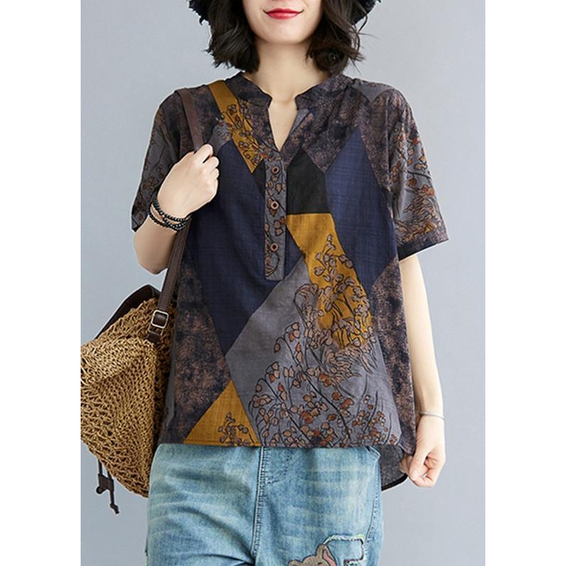 Women Blue Yellow V Neck Cotton Linen Blouse Tops Summer