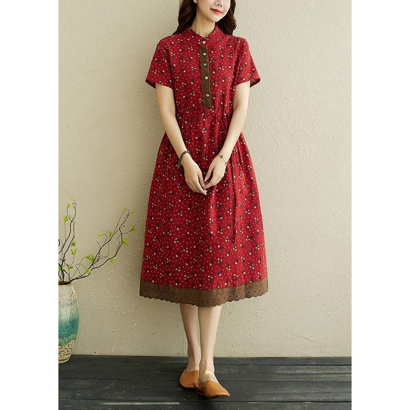 Women Red Print stand collar Robe Summer Cotton Dress