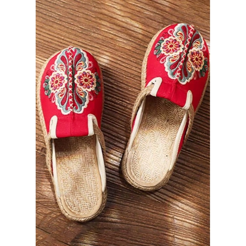 Women Retro Embroidered Floral Shoes Flip Flop