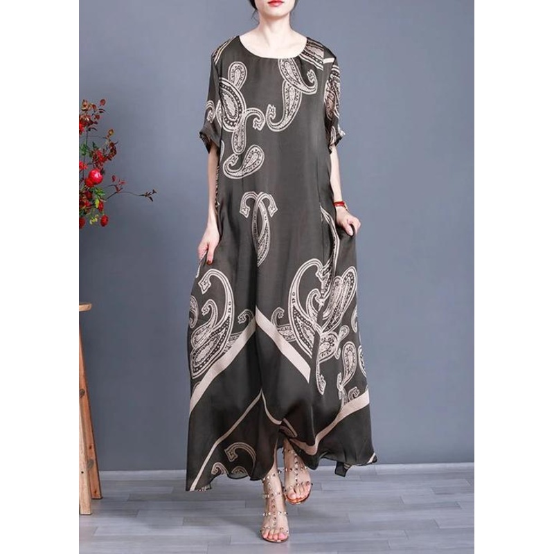 Women Tea Green Print Loose Silk Dress Summer