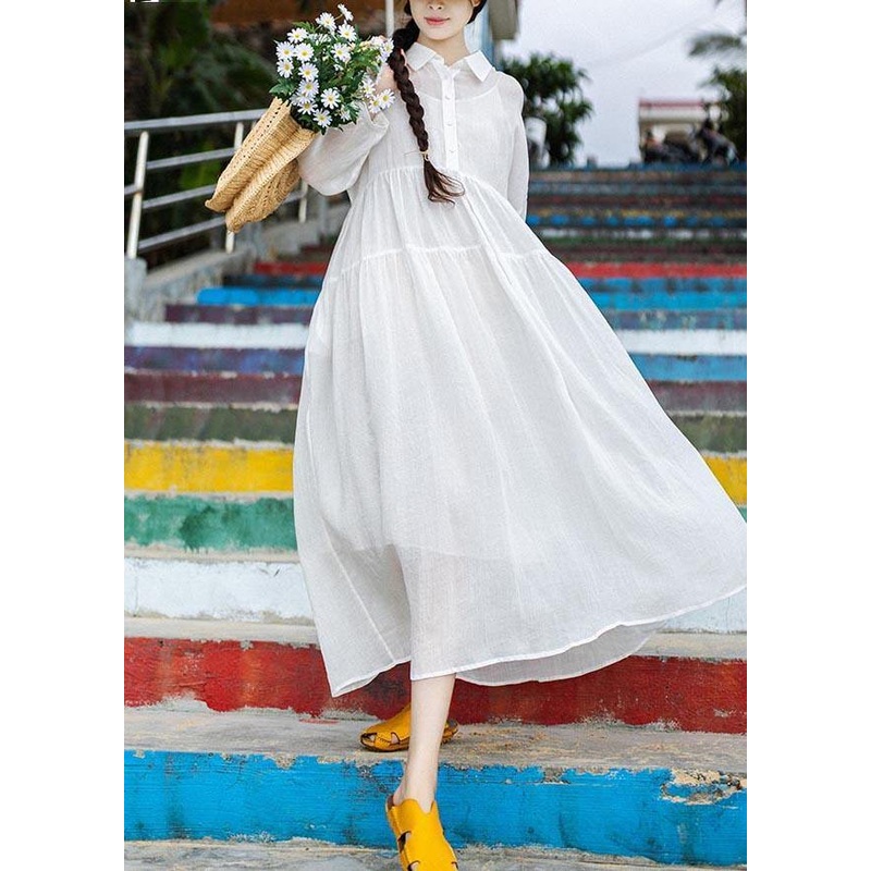 Women White Peter Pan Collar Button Vacation Summer Linen Dress