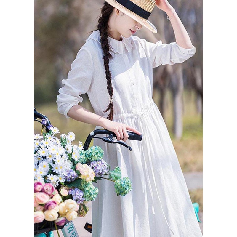 Women White Ruffles Pockets Summer Linen Dress