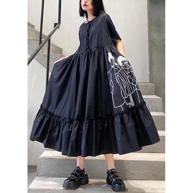 Art Black Print Cinched Pockets Summer Robe Dresses
