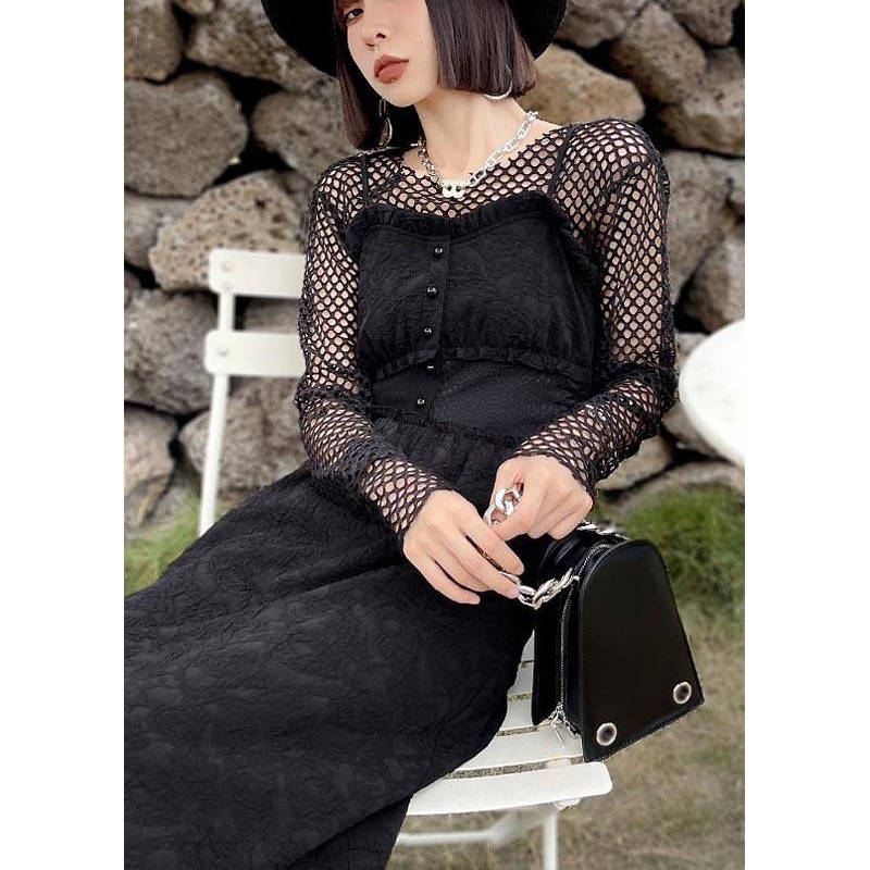 Art Black Summer Ruffled Button Cotton Maxi Dress