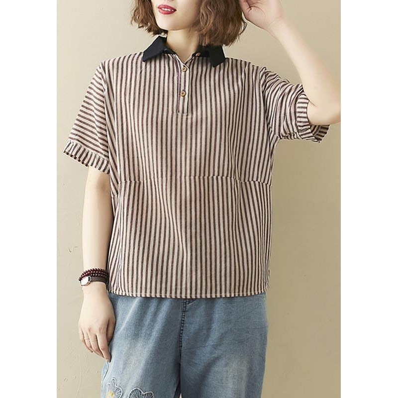 Art Khaki Striped Patchwork Linen Summer Top