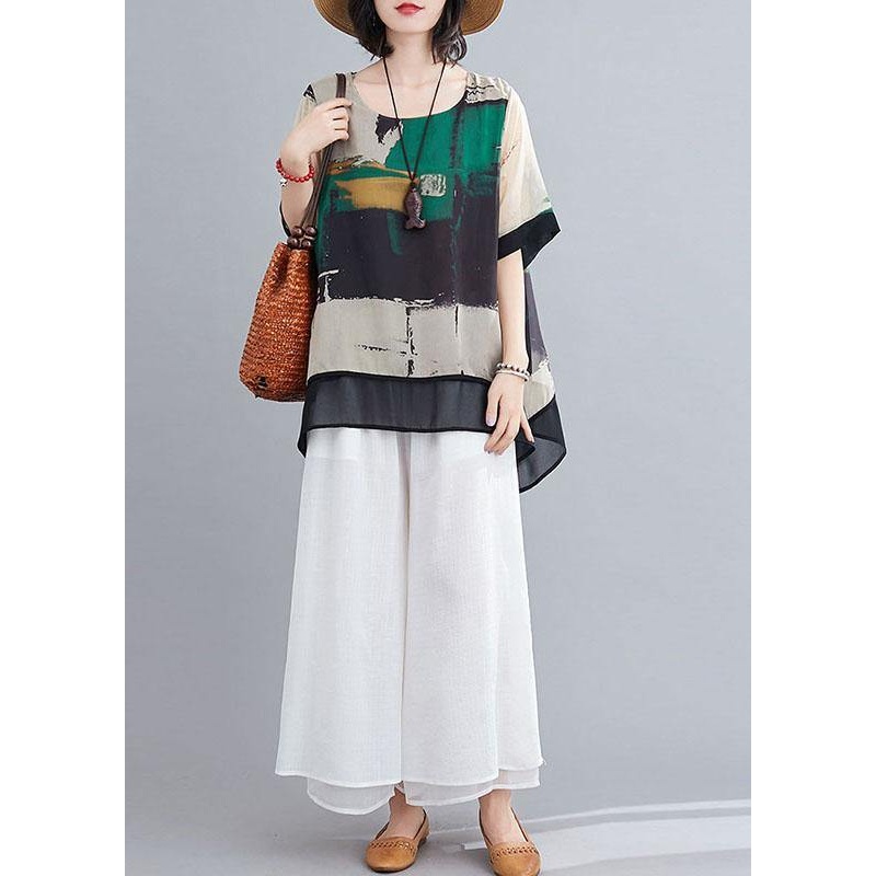 Beautiful Green Print O-Neck Two Pieces Set Summer Chiffon