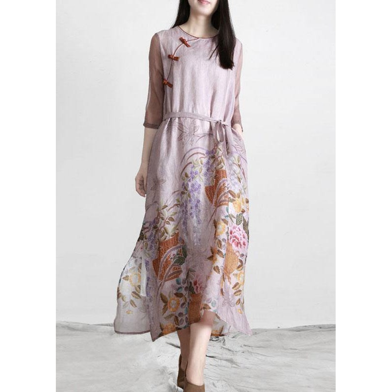Beautiful Pink Print tie waist Pockets Summer Linen Dress