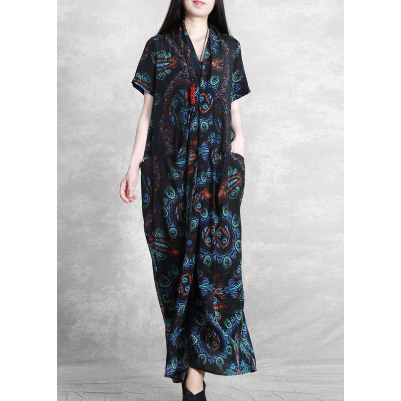 Bohemian Black Print asymmetrical design silk Mid Dress Summer