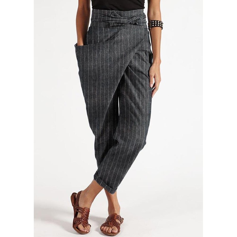 Bohemian Grey Striped High Waist Cotton Harem Pants Summer