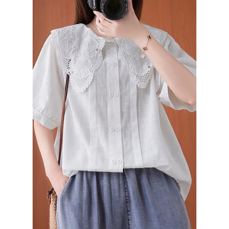 Bohemian White Peter Pan Collar Button Cotton Linen Tops Summer