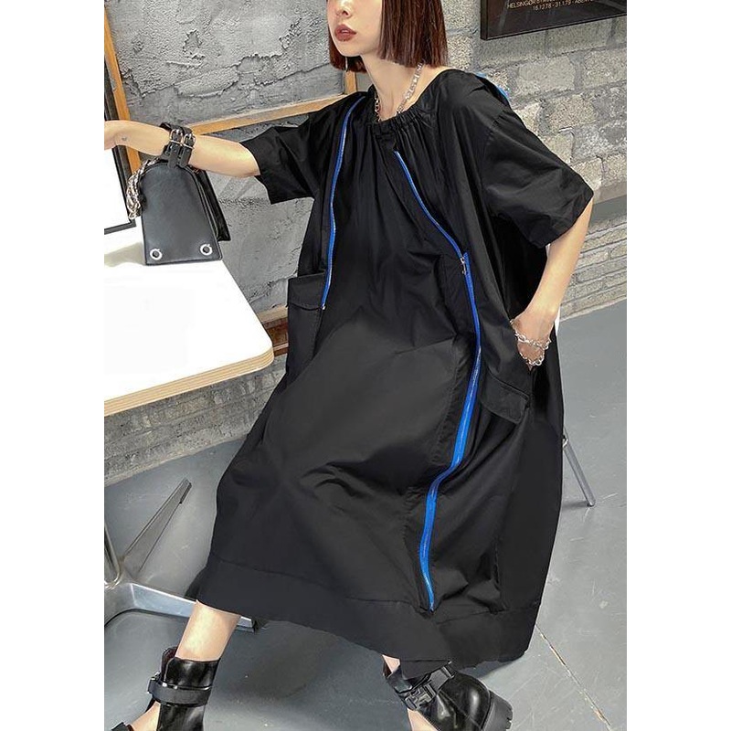 Boho Black Pockets Cotton zippered Summer Long Dresses