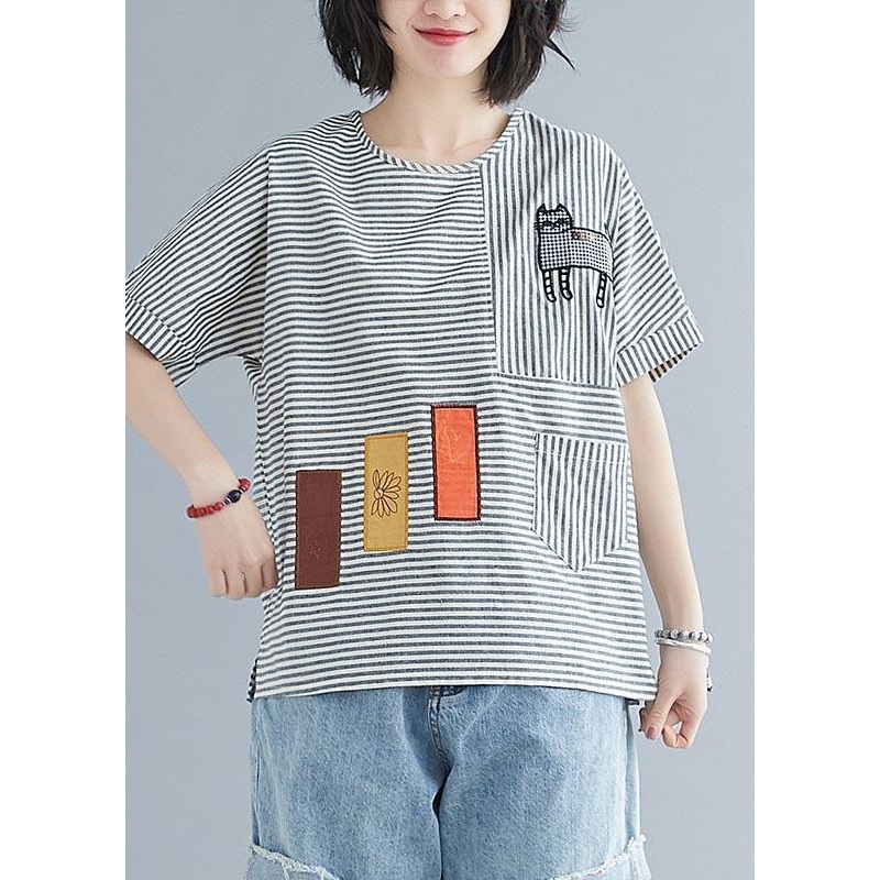 Boho Grey Striped Appliques Cotton Linen Tops Summer