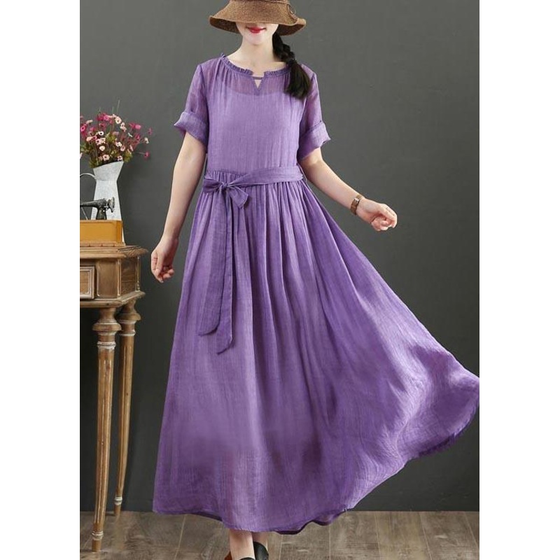 Boho Purple Ruffled Maxi Summer Linen Dress