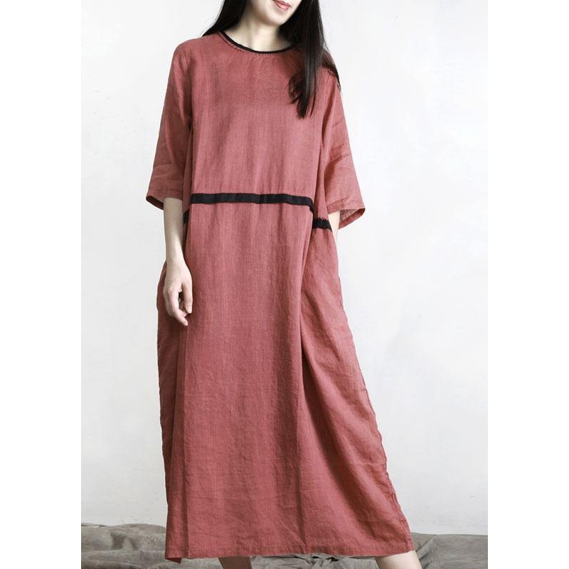 Boho Red Patchwork Linen O-Neck Summer Ankle Dress