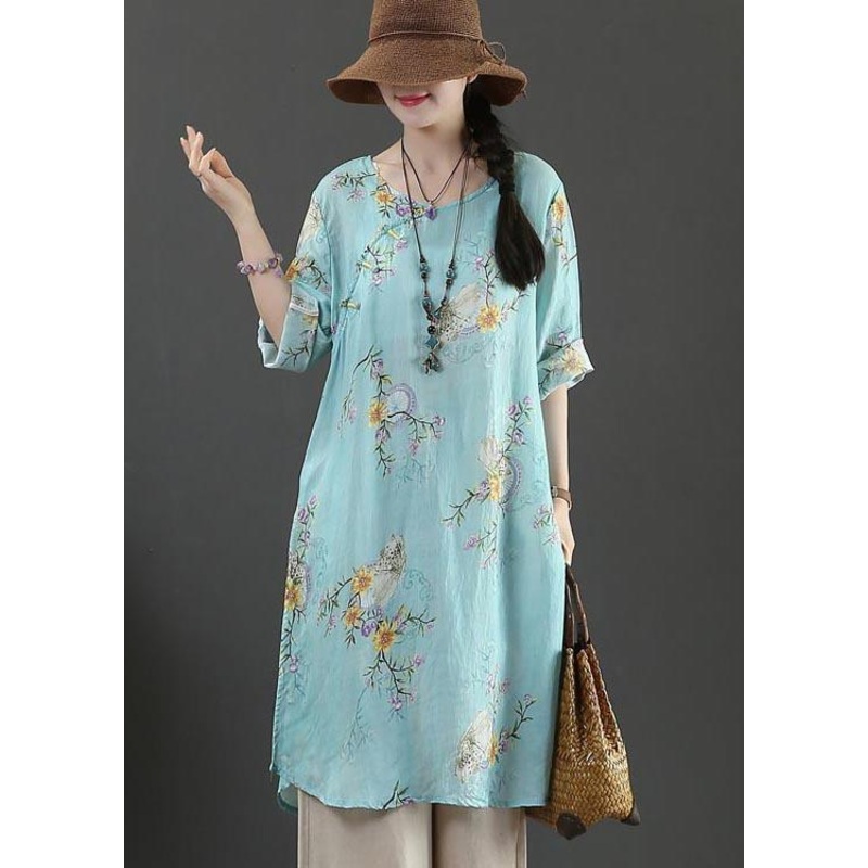 Boutique Blue Print Half Sleeve Long Linen Summer Tops