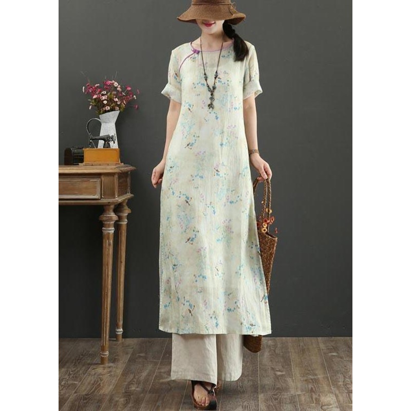 Boutique Khaki Print side open Vacation Summer Linen Dress
