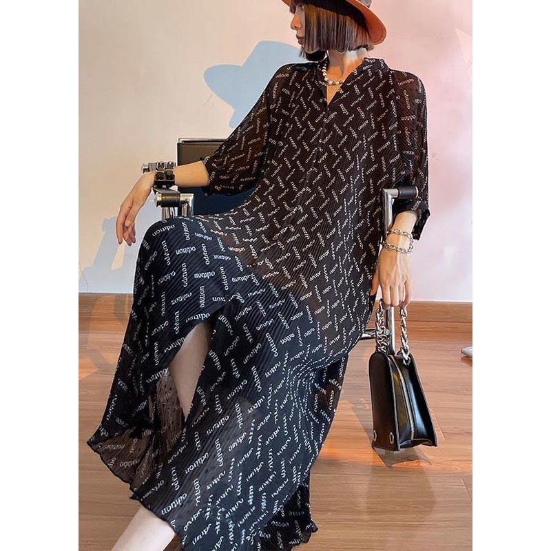Casual Black Print Chiffon Short Sleeve long shirts Summer Dresses