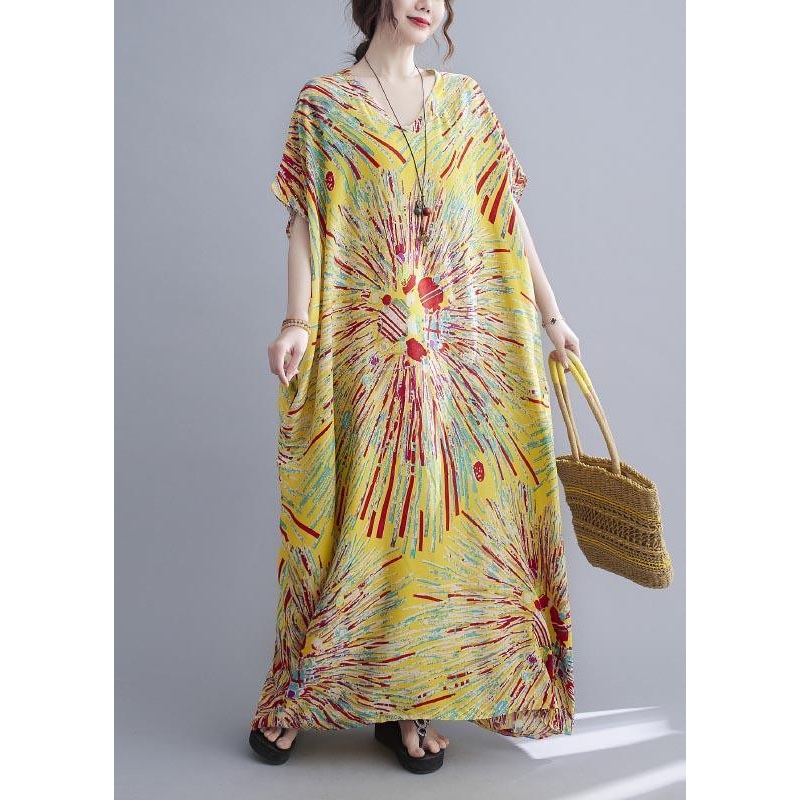 Casual Yellow Print Cotton V Neck Oversize Summer Dress