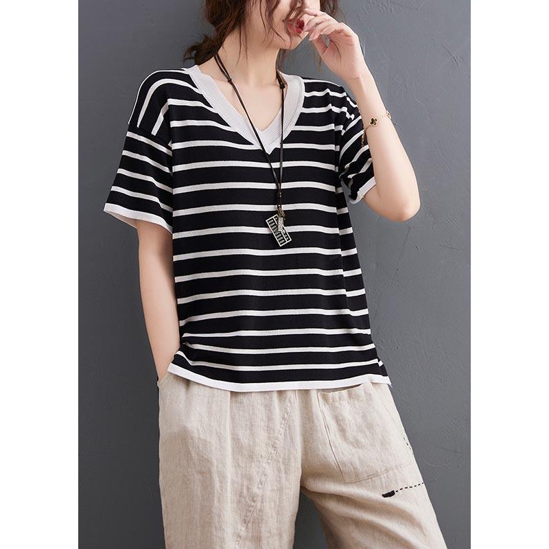 Chic Black Striped V Neck Cotton Linen Summer Tee
