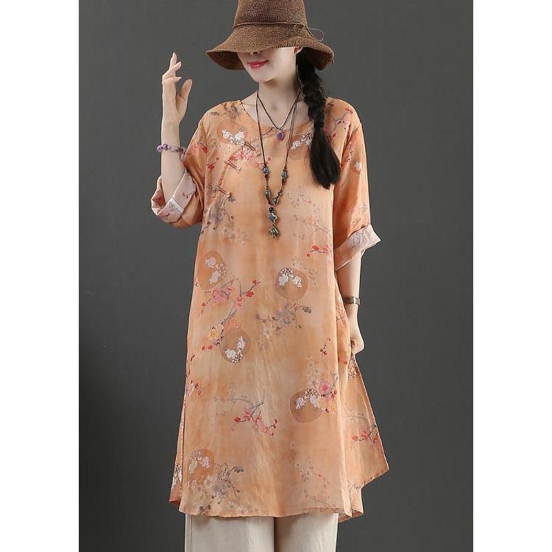 Chic Orange Print Long Linen Top Summer