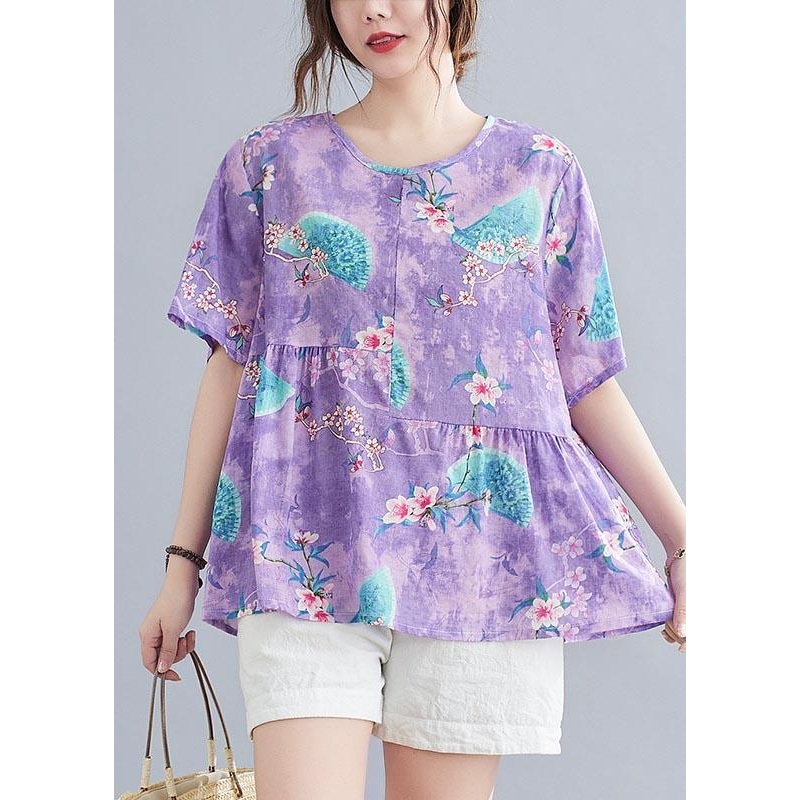 Chic Purple Print asymmetrical design Cotton Linen Shirt Summer