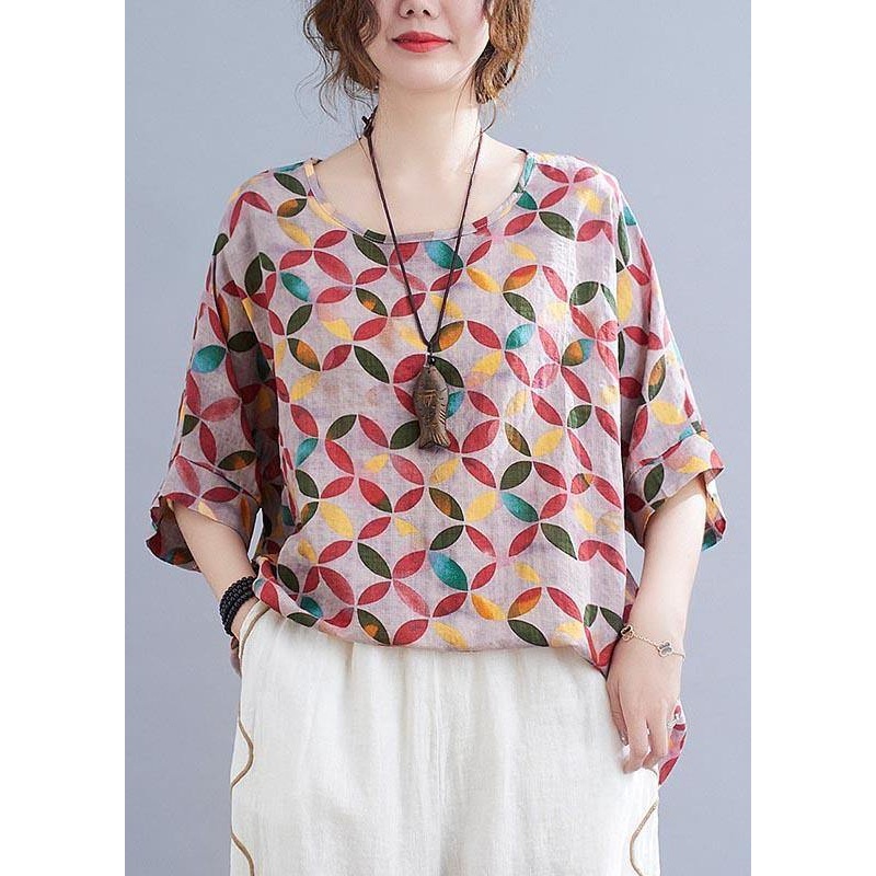 Chic Red Print Half Sleeve Cotton Linen Summer Shirt