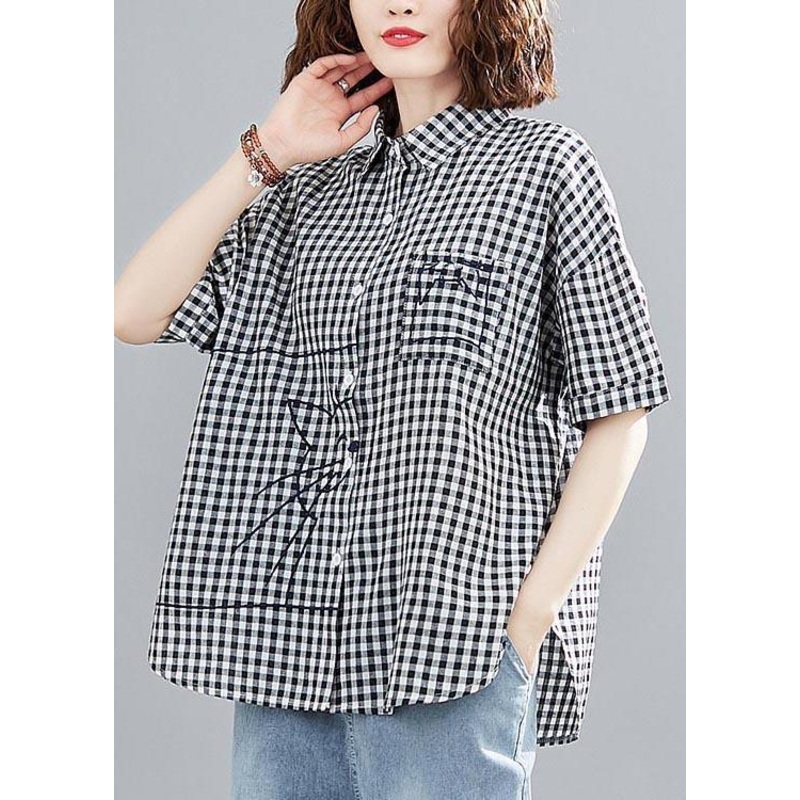 Classy Black Plaid Peter Pan Collar Pockets Cotton Linen Shirt Top Summer