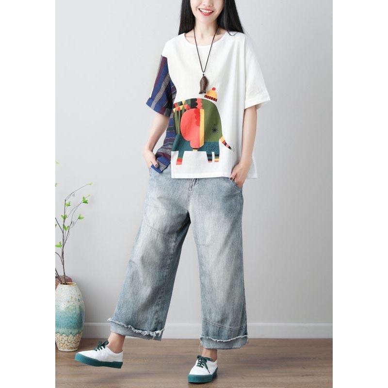 Classy Blue Striped Cotton Linen Patchwork elephant Shirt Summer