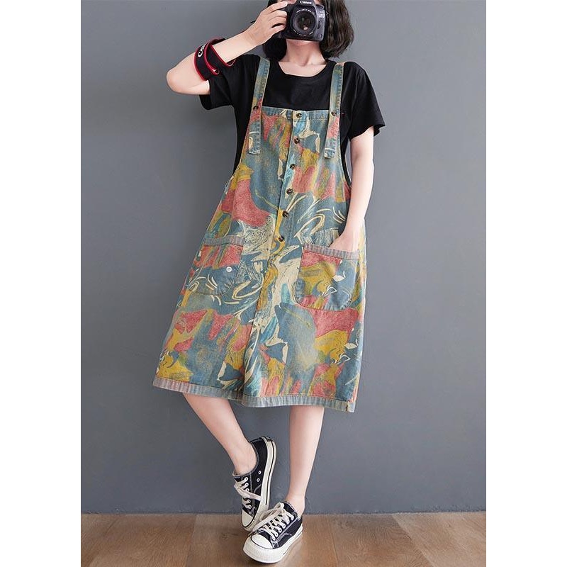 Comfy Light Blue Print Pockets Jumpsuit Shorts Summer