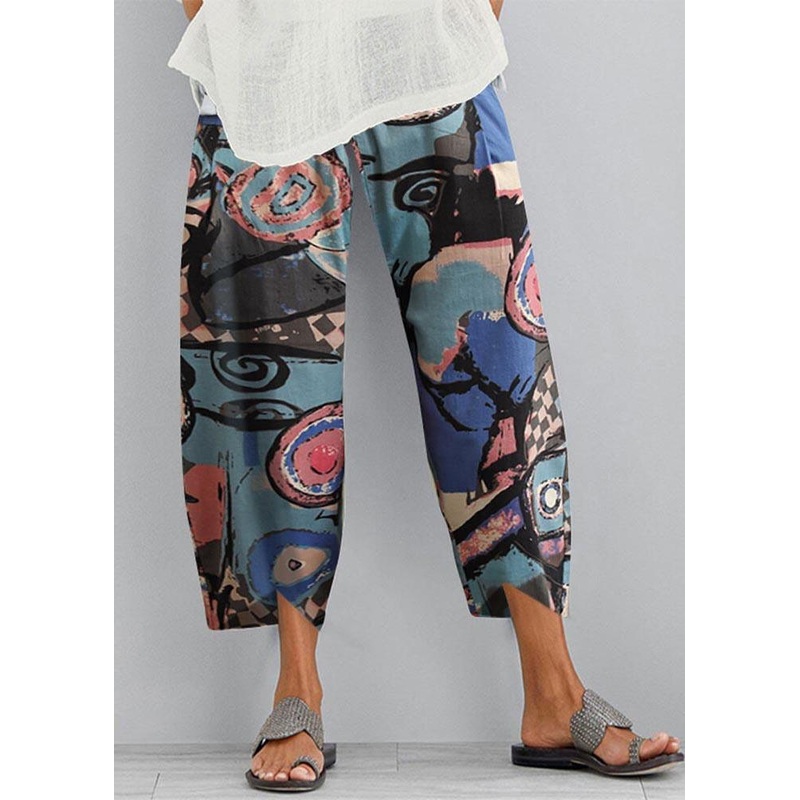 Cotton hemp printed elastic large size Capris